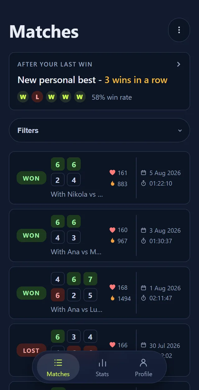 The match list in the phone app with form and filters